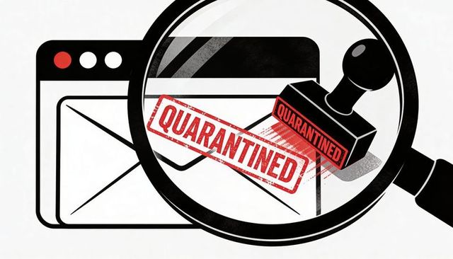 Magnifier inspecting email quarantined stamp, browser mail security concept vector