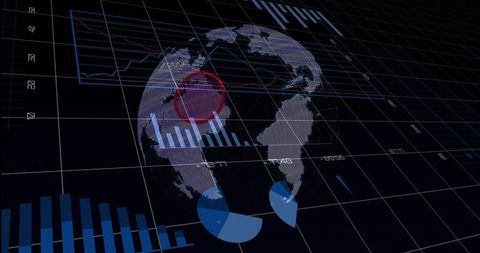 Rotating digital globe displaying 3D data dashboard with charts and targeting overlay