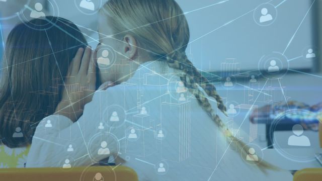 Businesswoman whispering in an ear while digital connections overlay represents networked future, suitable for use in articles about telecommunications, business technology, data security, global networks, collaboration tools, and innovative business solutions reaching a global audience.