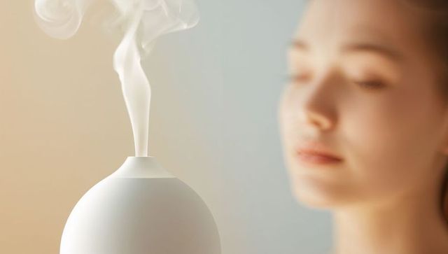 Matte ceramic aroma diffuser releasing thin vapor with blurred face for spa wellness