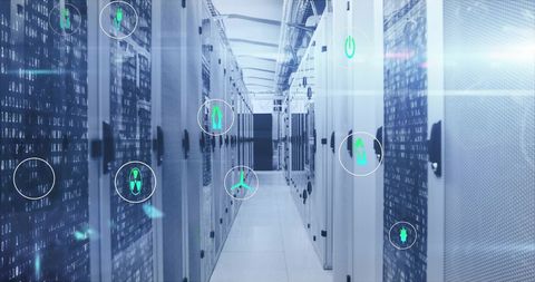 Eco-Friendly Technology in Modern Server Room with Energy Icons - Download Free Stock Images Pikwizard.com