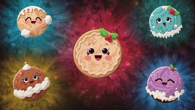 Cute holiday pie and festive dessert planets floating in colorful cosmic nebula
