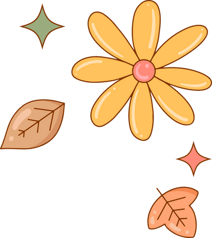 Whimsical yellow daisy with leaves and sparkles on transparent background