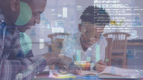 Father Teaching Son with Data Technology Interface