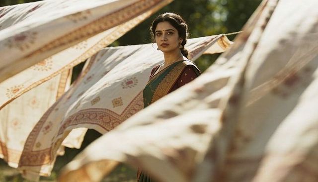 Indian woman in green sari watching billowing floral textiles hanging in sunlit courtyard