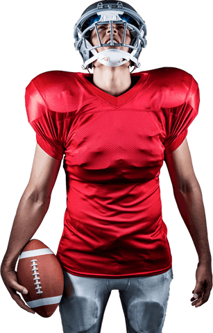 Transparent american football player holding ball looking up confidently