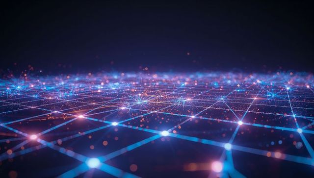 Futuristic glowing grid with neon nodes and particles