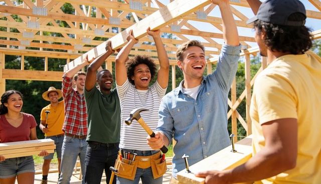 Volunteers lifting roof truss celebrating teamwork on timber house framing