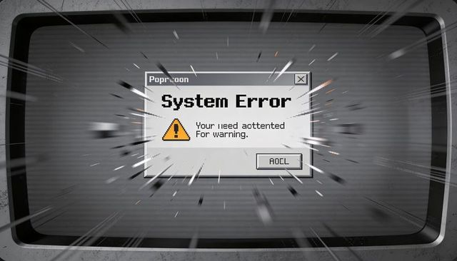 Retro crt system error dialog exploding glitch with yellow warning triangle and aol button