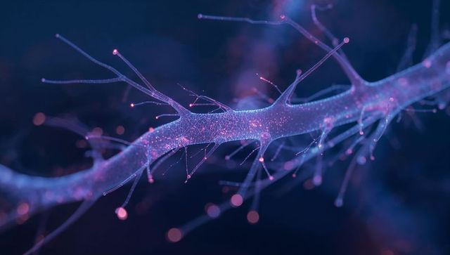 Microscopic Neural Branch with Glowing Dendritic Spines