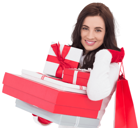 Joyful Brunette Carrying Christmas Gifts on Transparent Background
