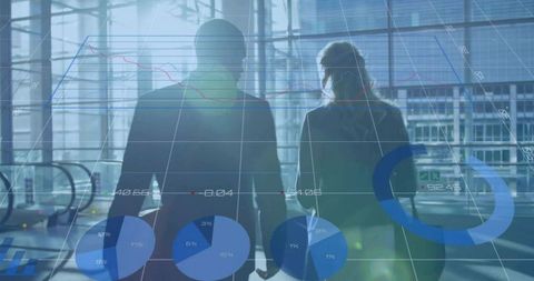 Walking business professionals in glass atrium with futuristic data analytics overlay