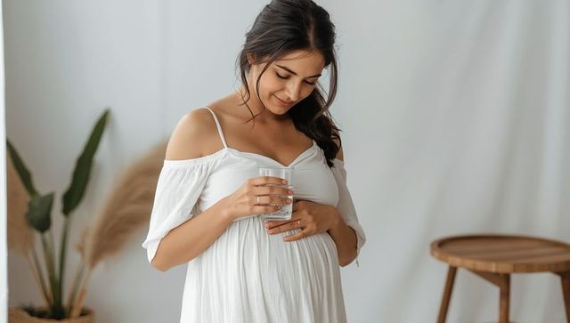 Beautiful Pregnant Woman Holding Glass of Water in Serene Home Setting