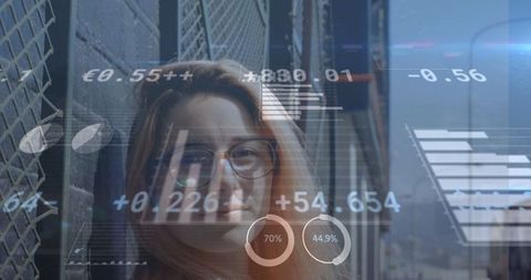 Mixed Reality Digital Data Interface Overlaying Businesswoman