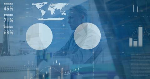 Businessman analyzing financial data with global interface background