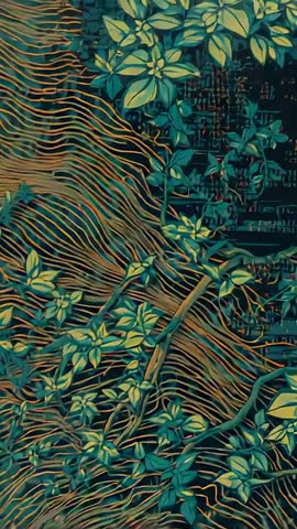 Panning vertical video showing climbing vine on mural with golden lines and dark grid