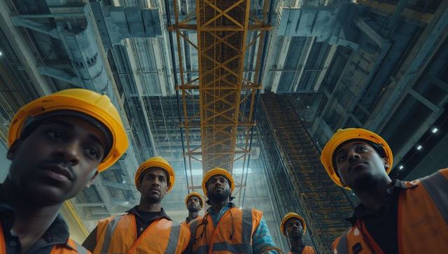 Construction team beneath enormous structure with overhead crane
