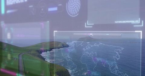Framing coastal headland and ocean with hud overlays, neon augmented reality panorama