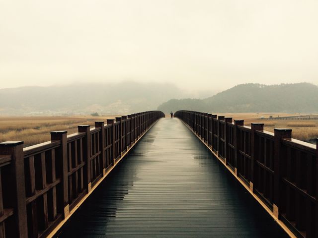 Depicts a long wooden bridge going over a peaceful, misty wetland. Ideal for representing themes of solitude, tranquility, and nature. Suitable for use in travel brochures, inspirational content, and articles about serene landscapes or nature walks.