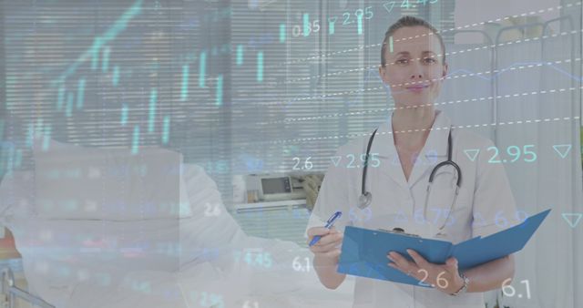 Medical professional wearing a white coat and stethoscope standing with clipboard in hospital room, overlaid with data graph. Useful for healthcare and technology themes, illustrating data analysis in medical settings, healthcare advancements, and medical research.