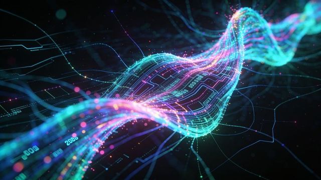 Flowing neon data ribbon weaving through cyber grid with glowing circuit traces