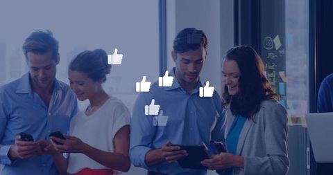 Business professionals networking with technology applications