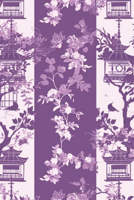 Seamless pattern with intricate purple floral designs interspersed with birds and traditional lanterns. Ideal for use in digital designs, fabrics, wallpapers, wrapping paper, and interior decor.