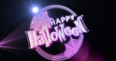 Glowing Happy Halloween Sign with Spider Webs and Lights