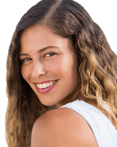 Transparent smiling woman with curly hair in white top