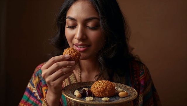 South asian woman savoring laddu on ornate brass thali, warm portrait of festival treat