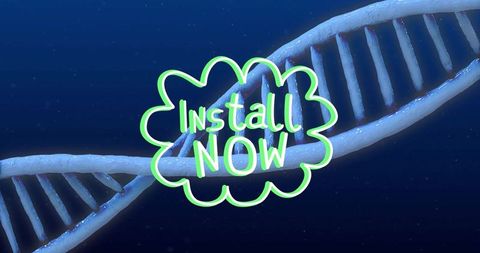 Futuristic dna strand with neon install now text