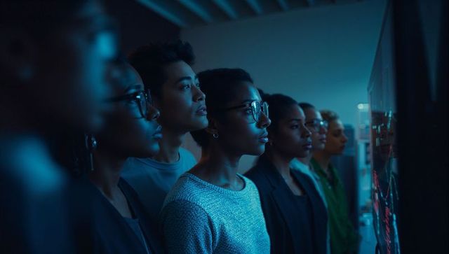 Team analyzing data on digital screen in high-tech environment