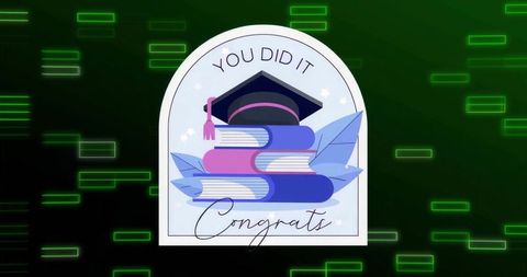 You did it graduation badge with cap and stacked books on futuristic neon background