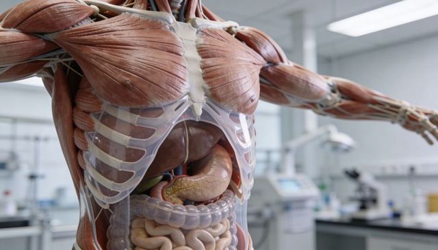 Anatomical torso revealing chest muscles with transparent ribcage and detailed internal organs