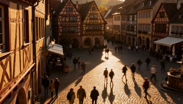 Walking in golden hour cobblestone square with medieval timber-frame houses and fountain