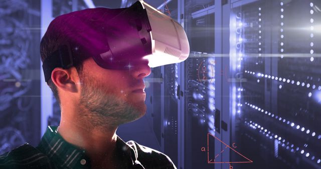 Man Using Virtual Reality Headset in Data Center with Digital Graphics Overlay - Download Free Stock Photos Pikwizard.com