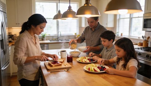 Family preparing warm homemade breakfast on kitchen island with jam, cereal and fruit