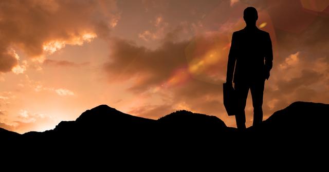 Silhouette of a businessman standing on a mountain peak during sunset, holding a briefcase. Ideal for concepts of leadership, success, determination, and career achievement. Can be used in business blogs, motivational posters, or in advertisements highlighting leadership and professional growth.