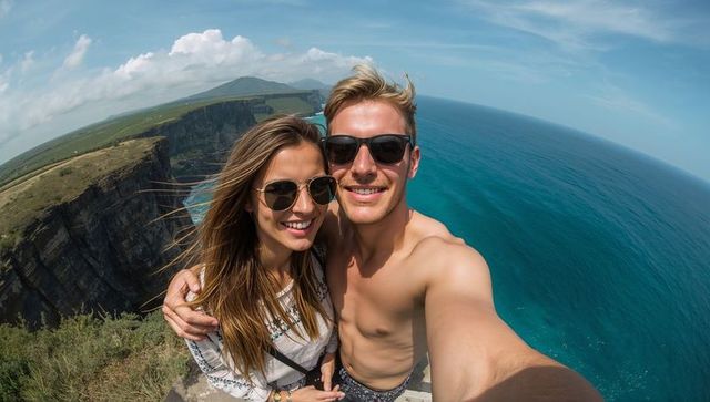 Sunlit couple taking cliff-top selfie overlooking turquoise ocean and dramatic coastal panorama