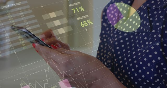 Businesswoman Analyzing Market Data on Smartphone with Overlaid Financial Graphs - Download Free Stock Images Pikwizard.com