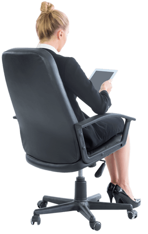 Transparent Blonde Businesswoman with Tablet on Swivel Chair