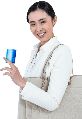 Smiling Businesswoman Holding Credit Card Over Transparent Background