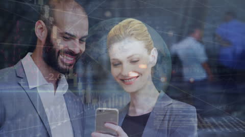 Business Professionals Analyzing Data on Smartphone with Digital overlay