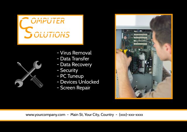 Designed as an eye-catching and informative flyer perfect for promoting IT support and computer repair services. Main section highlights services offered such as virus removal, data recovery, and screen repair, making it ideal for tech businesses aiming to reach new clients. Professional appearance ensures reliability and efficiency conveying a clear message. Suitable for print and digital distributions, perfect for advertising in local areas, tech stores, schools, or online platforms.