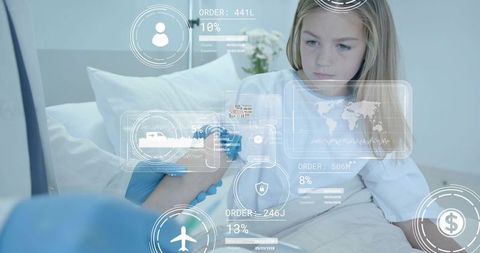 Young girl receiving blood draw in pediatric clinic with digital medical data overlay