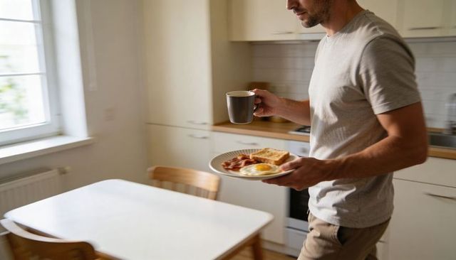 Man carrying breakfast plate and coffee mug across sunlit kitchen toward dining table