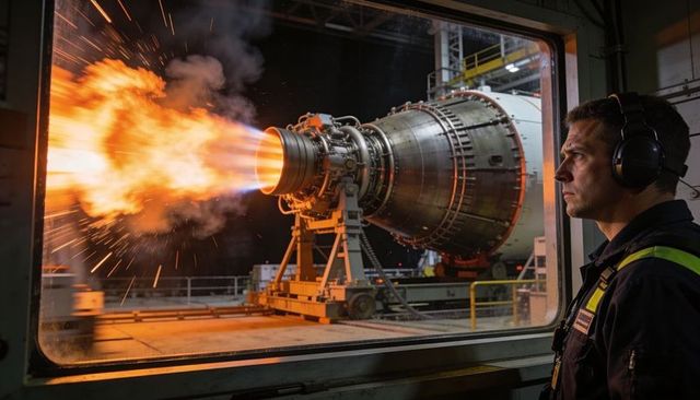 High-temperature jet engine test cell turbine exhaust plume with technician monitoring