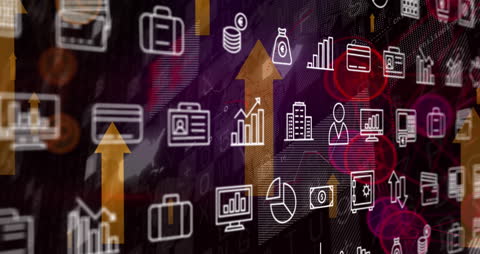 Dynamic Financial Symbols with Increasing Arrows and Digital Background