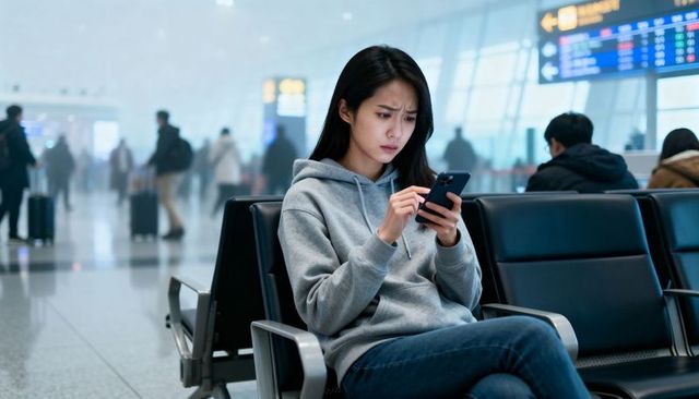 Worried traveler checking smartphone at airport gate waiting for delayed flight