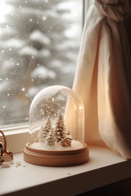 Snow globe featuring miniature trees and house placed on window sill. Warm ambient lighting and snowy outside. Ideal for promoting winter, holiday themes, home decor, and cozy living.